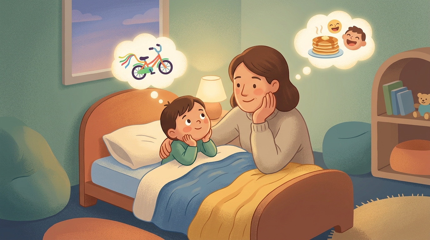 Cartoon illustration of a parent and child at home: at bedtime, each person names one thing they are looking forward to tomorrow.