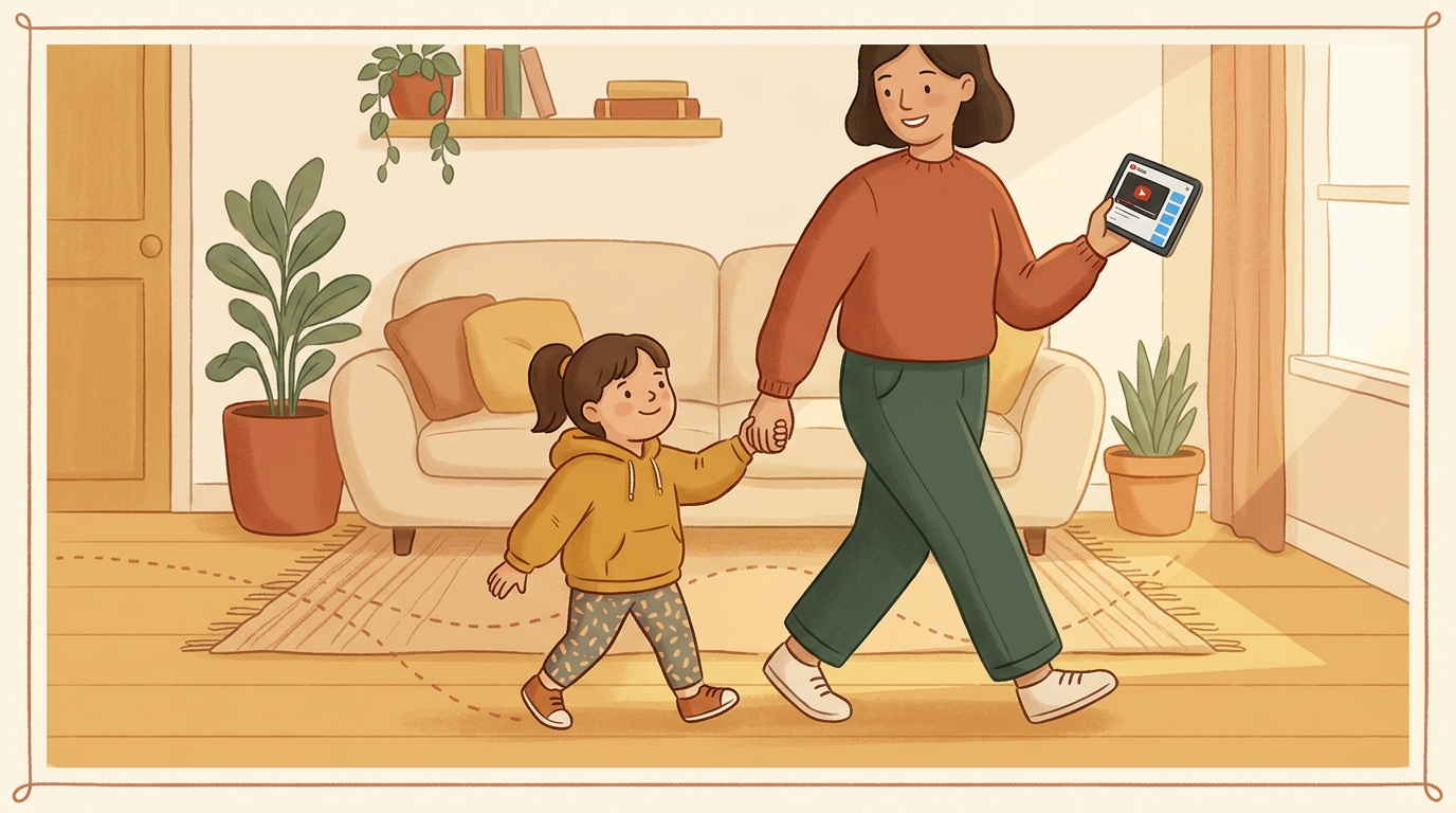 Cartoon illustration of a parent and child at home doing Same Walk Two Moments.