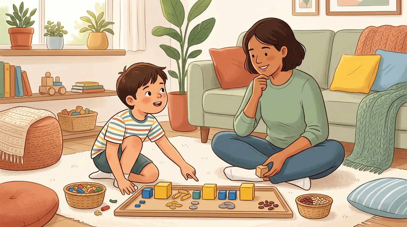 Cartoon illustration of a parent and child at home doing Invent a Pattern Rule.