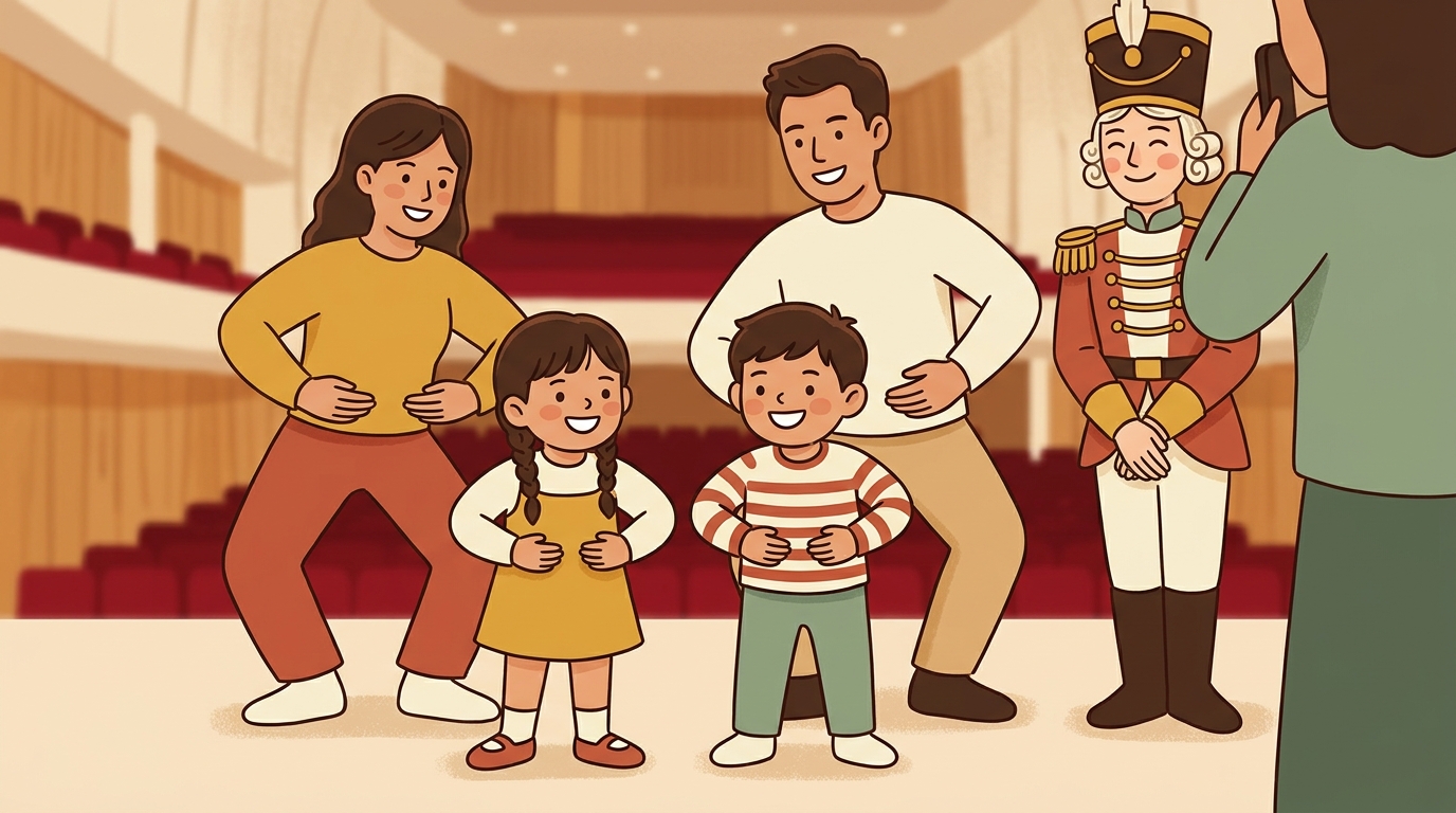 Cartoon illustration of a parent and child at home doing Our Ballet Pose Photo.