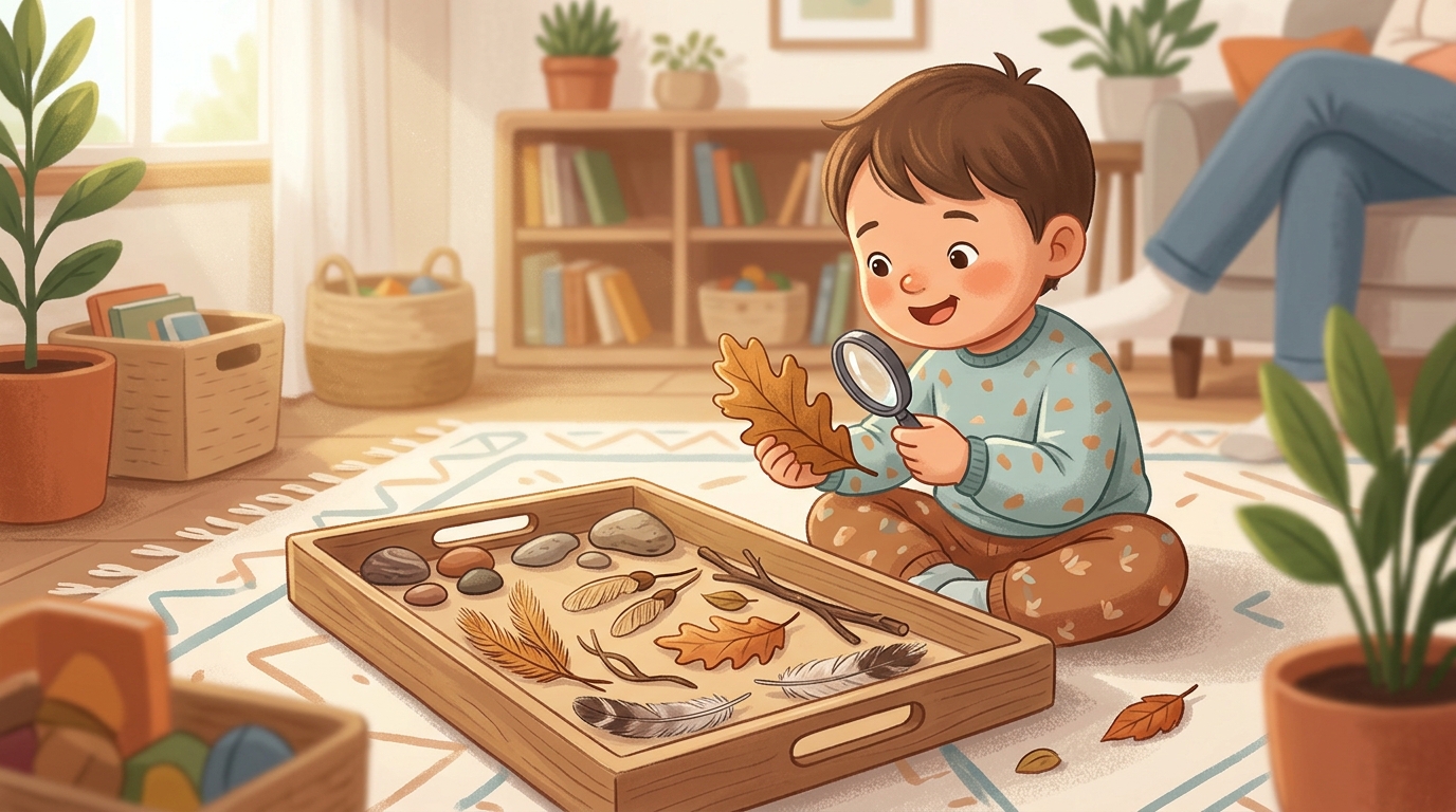 Cartoon illustration of a parent and child at home doing Nature Provocation Table.
