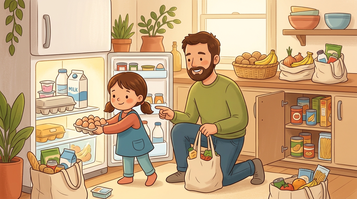 Cartoon illustration of a parent and child at home doing Grocery Sorter.