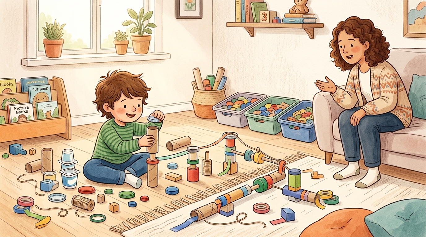 Cartoon illustration of a parent and child at home doing Imaginary Machine Build.