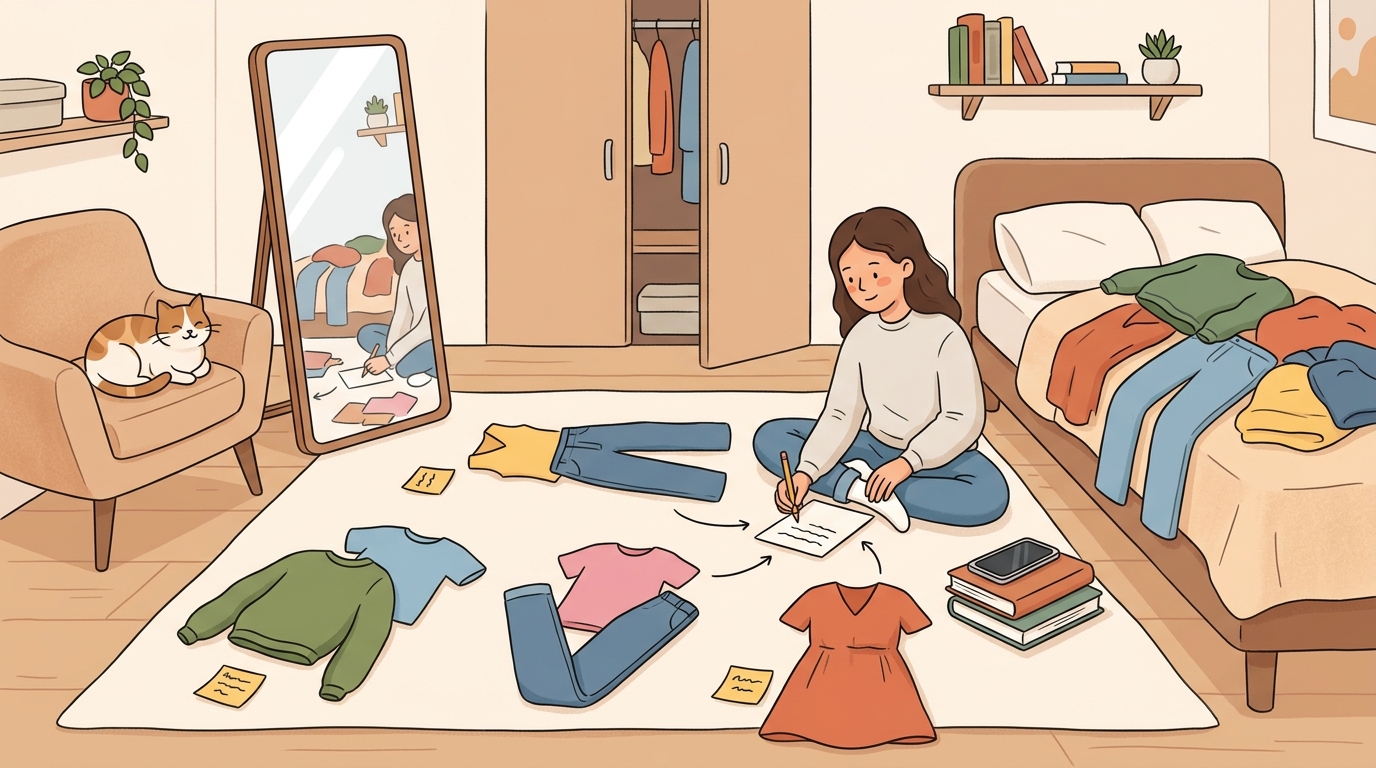 Cartoon illustration of a parent and child at home doing Design a Capsule Wardrobe.