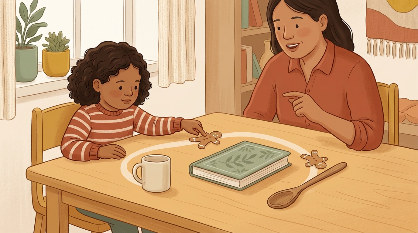 Cartoon illustration of a parent and child at home doing Gingerbread Table Escape.