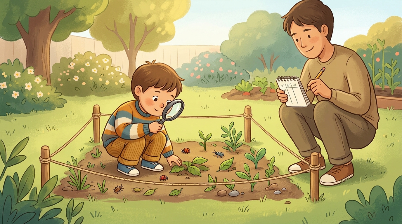 Cartoon illustration of a parent and child outdoors doing Backyard Biodiversity Survey.