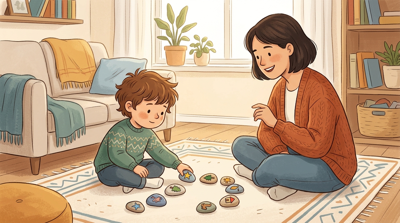 Cartoon illustration of a parent and child at home doing Story Stones.