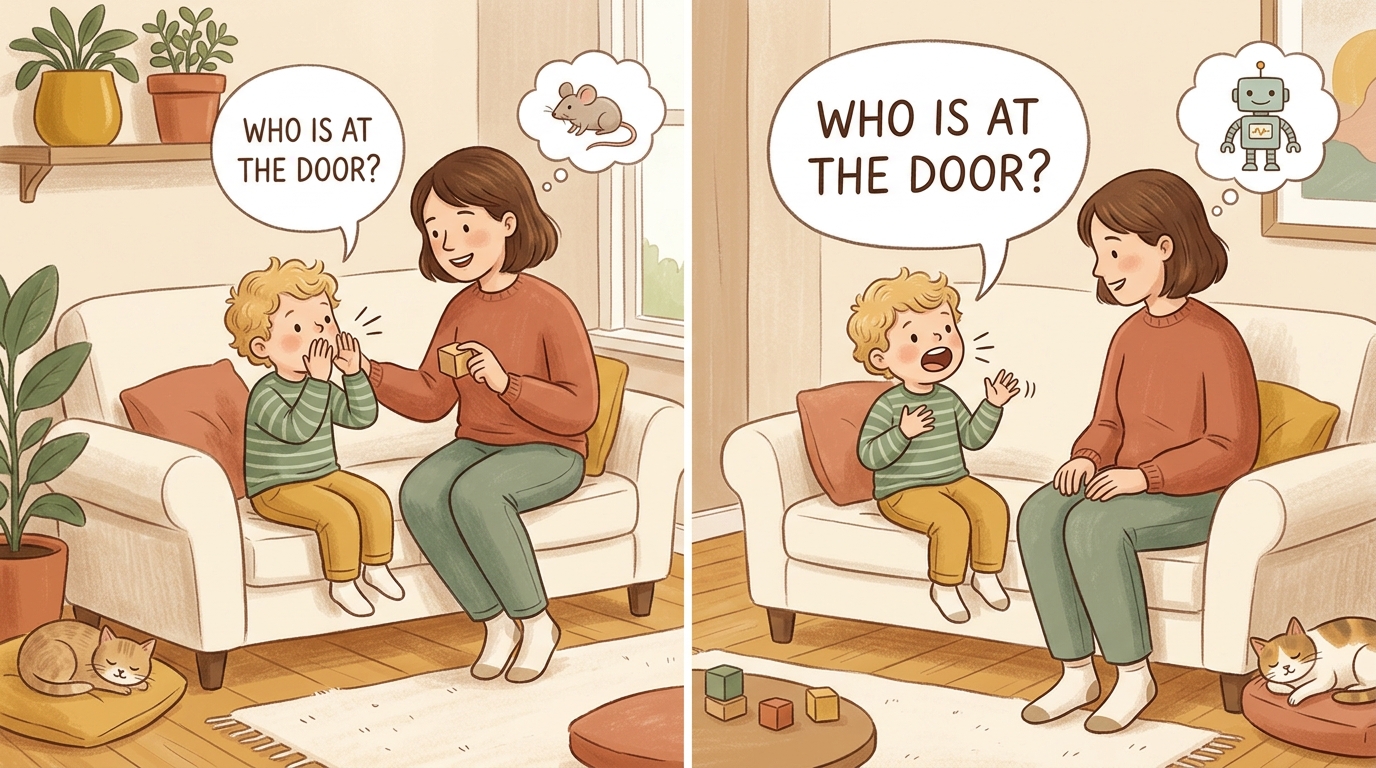 Cartoon illustration of a parent and child at home doing Same Words New Voice.