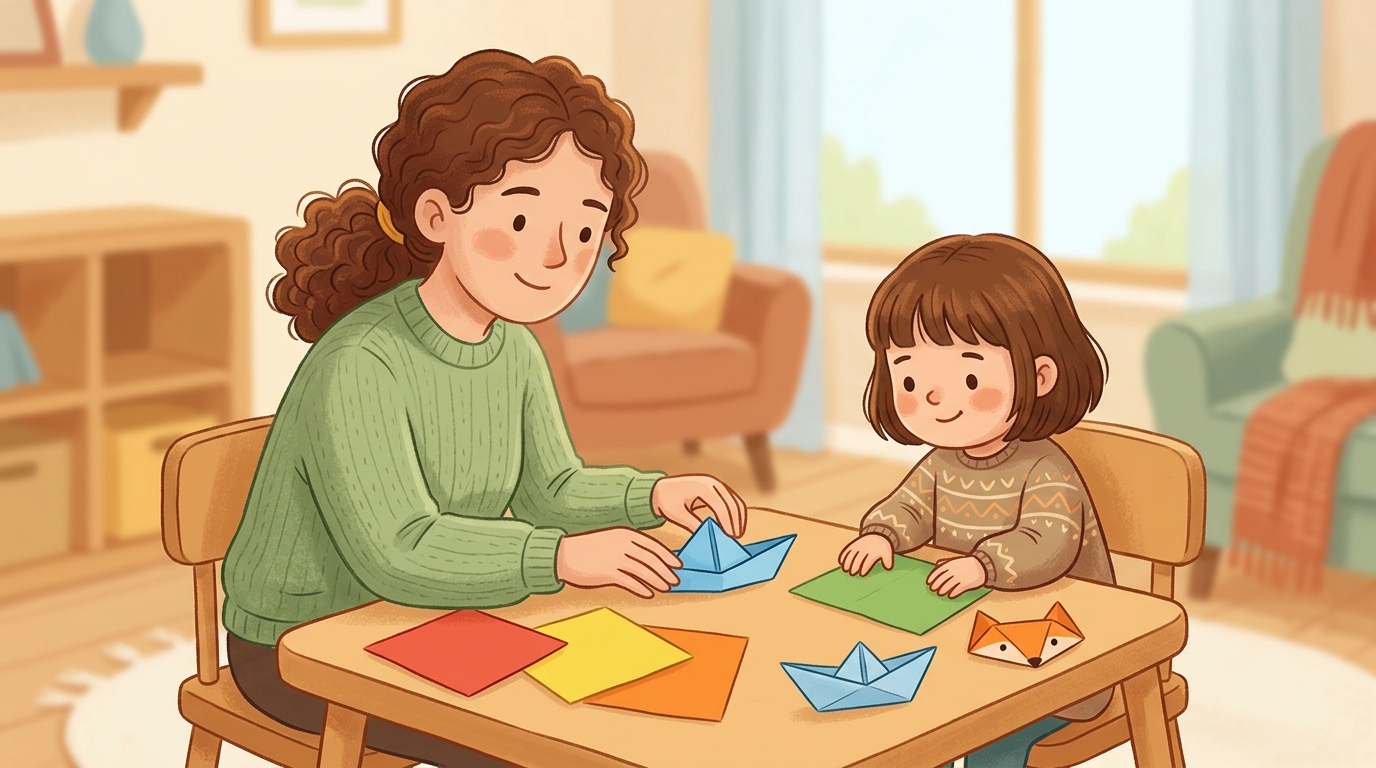 Cartoon illustration of a parent and child at home doing Simple Paper Folding.
