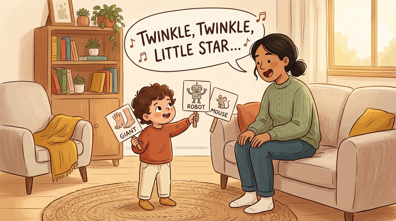 Cartoon illustration of a parent and child at home doing Robot Mouse Giant Chorus.