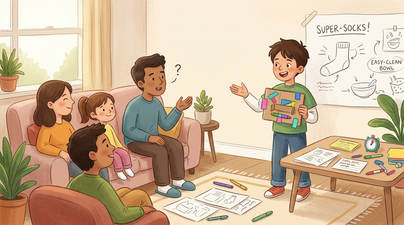 Cartoon illustration of a parent and child at home: teen invents a product idea and builds a short pitch to present to the family.