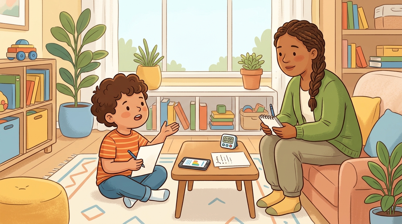 Cartoon illustration of a parent and child at home doing Structured Debate.