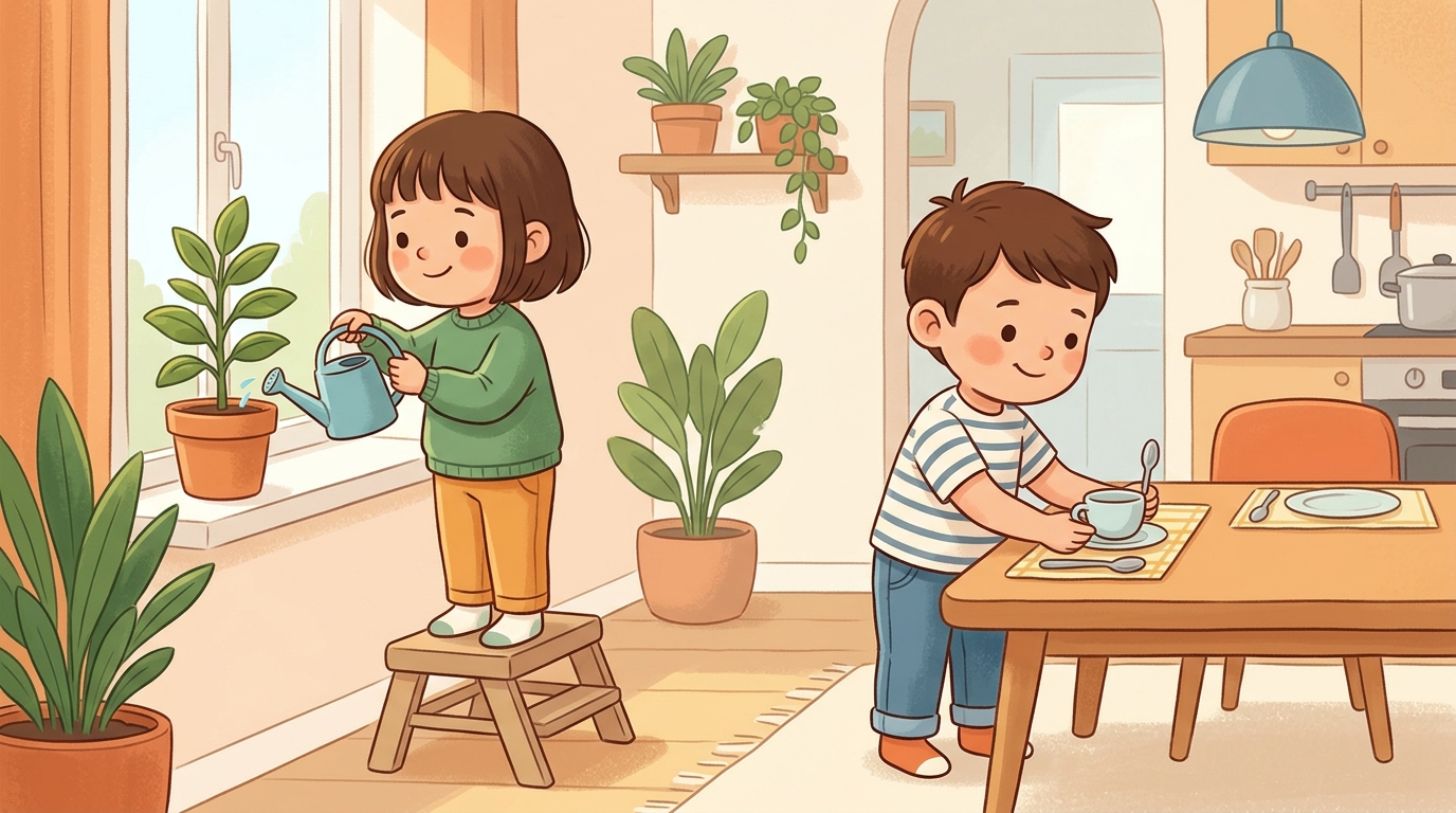 Cartoon illustration of a parent and child at home doing Helper of the Day Role.