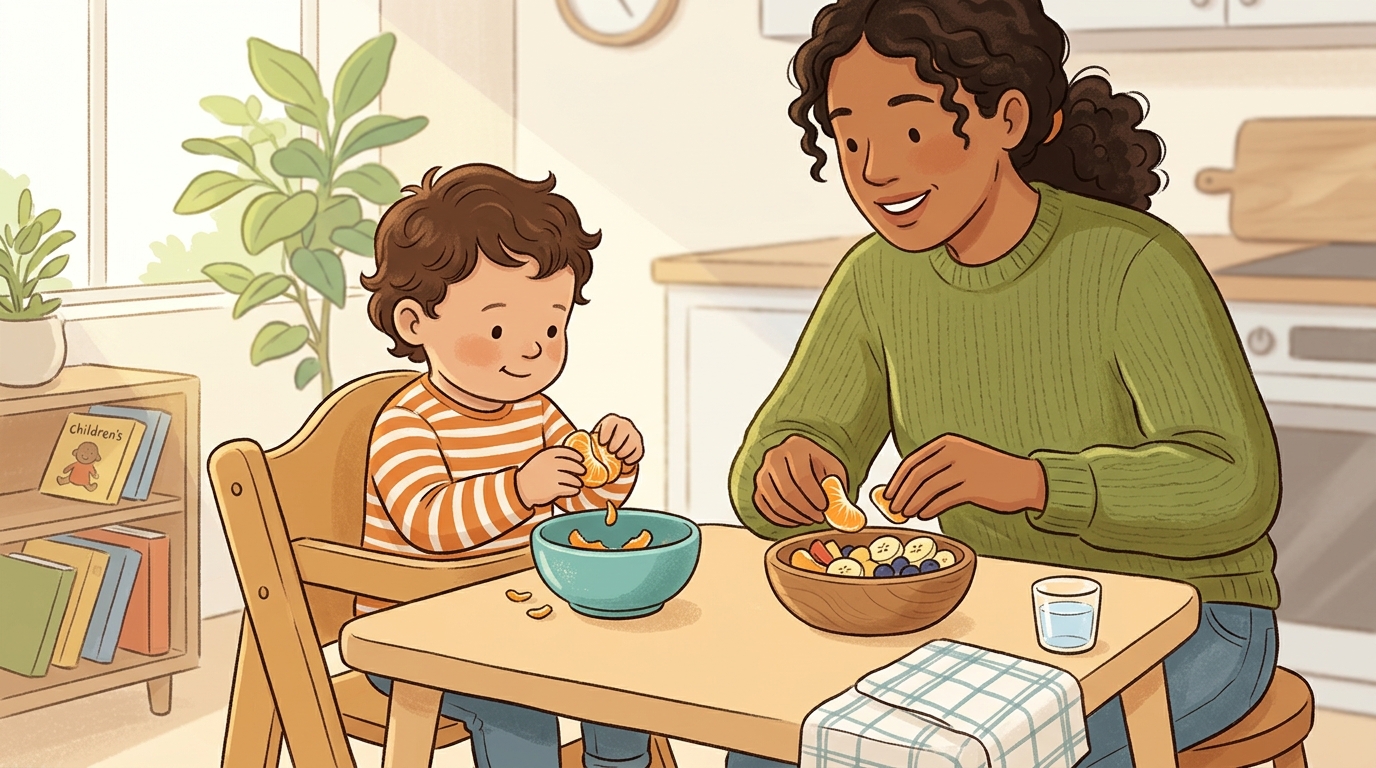 Cartoon illustration of a parent and child at home doing Snack Prep Helper.