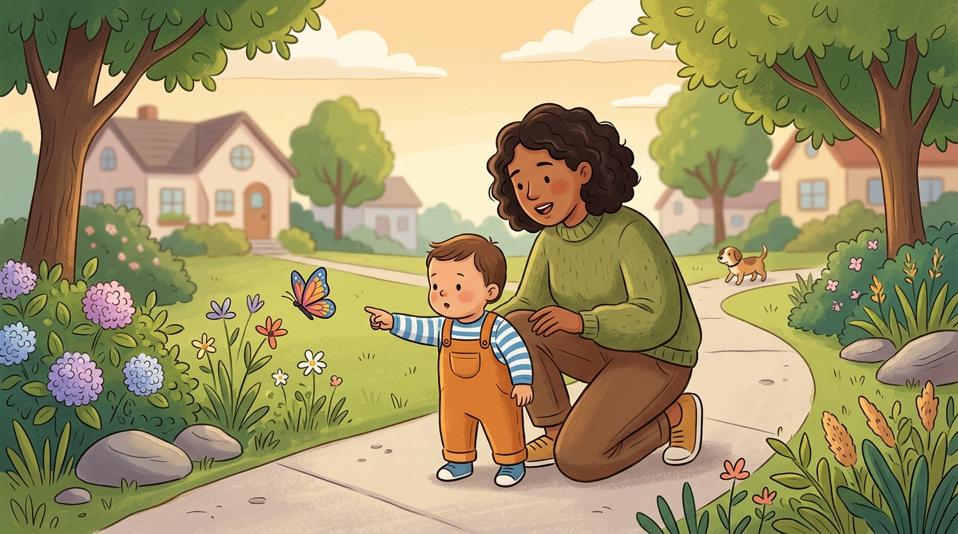 Cartoon illustration of a parent and child outdoors doing Point and Name Walk.