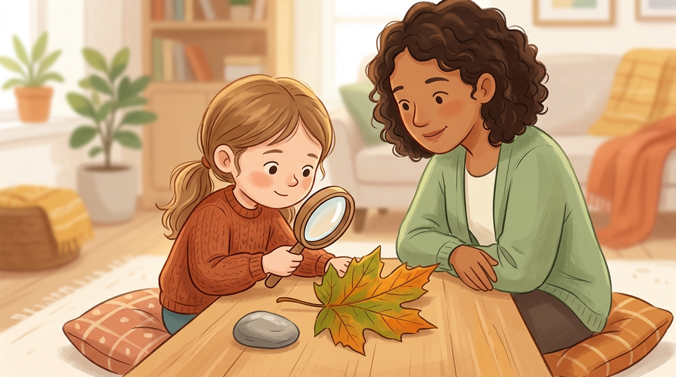 Cartoon illustration of a parent and child at home doing Slow Looking Study.