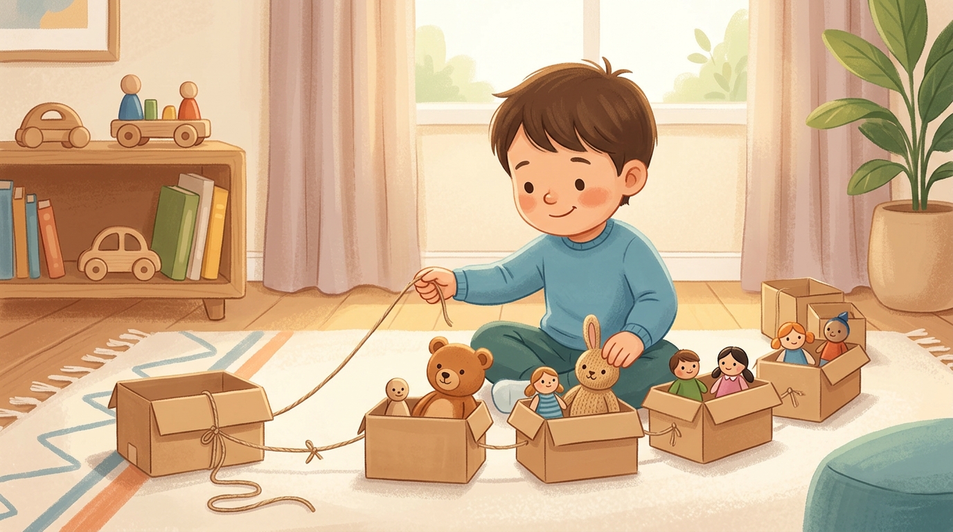 Cartoon illustration of a parent and child at home: line up small cardboard boxes or shoeboxes and connect them with string.