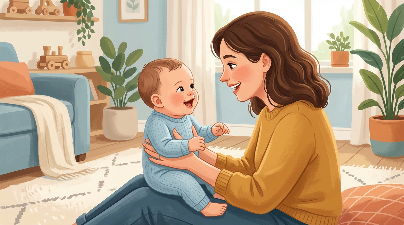 Cartoon illustration of a parent and child at home doing Feeling Face Mirroring.