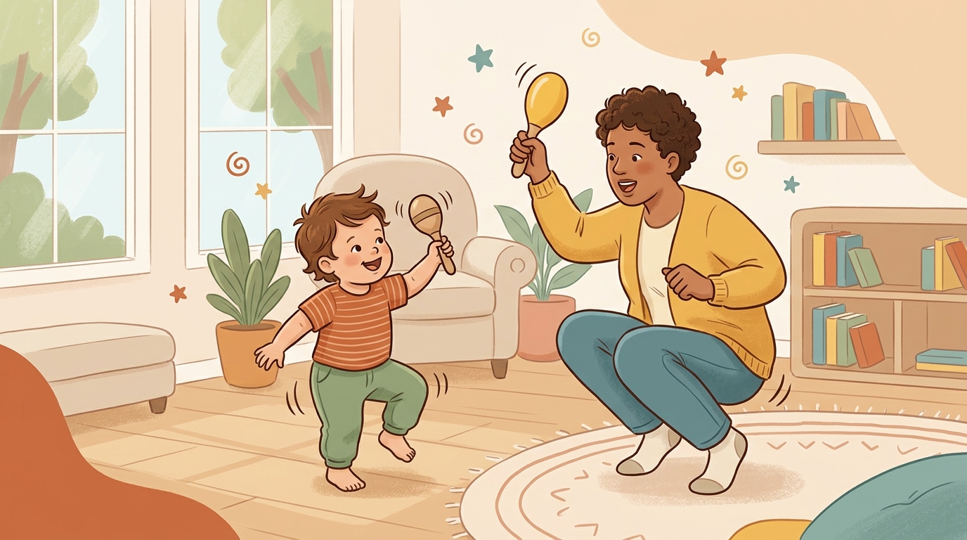 Cartoon illustration of a parent and child at home doing Stop-Start Wiggle.