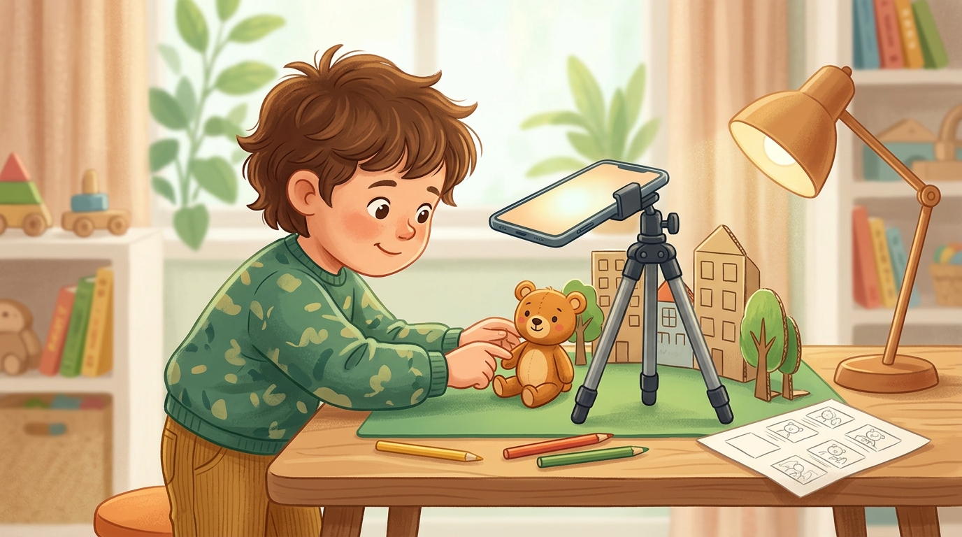 Cartoon illustration of a parent and child at home doing Narrative Animation Project.
