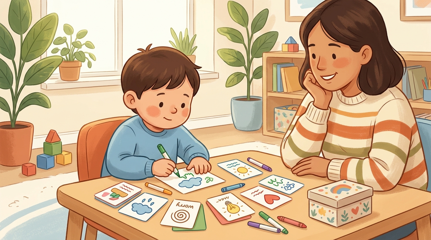 Cartoon illustration of a parent and child at home doing Build a Personal Stress Toolkit.