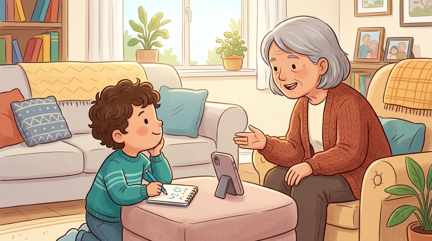 Cartoon illustration of a parent and child at home doing Family Story Archive.
