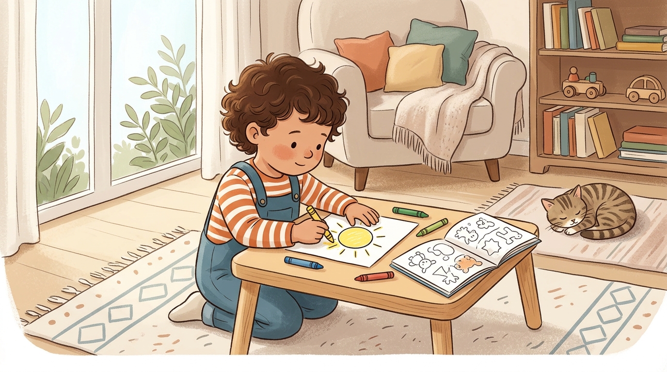 Cartoon illustration of a parent and child at home doing Coloring Quiet Time.
