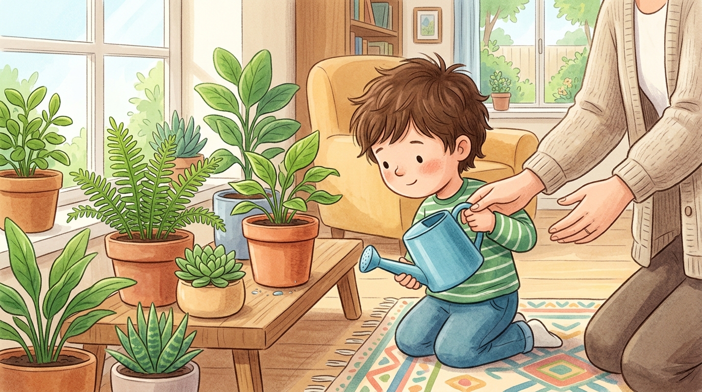 Cartoon illustration of a parent and child at home doing Water the Plants.