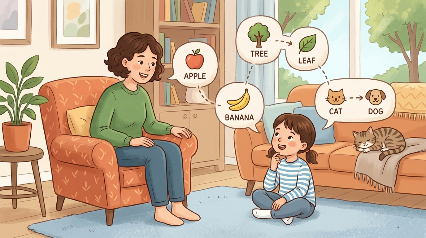 Cartoon illustration of a parent and child at home doing Word Chain Game.
