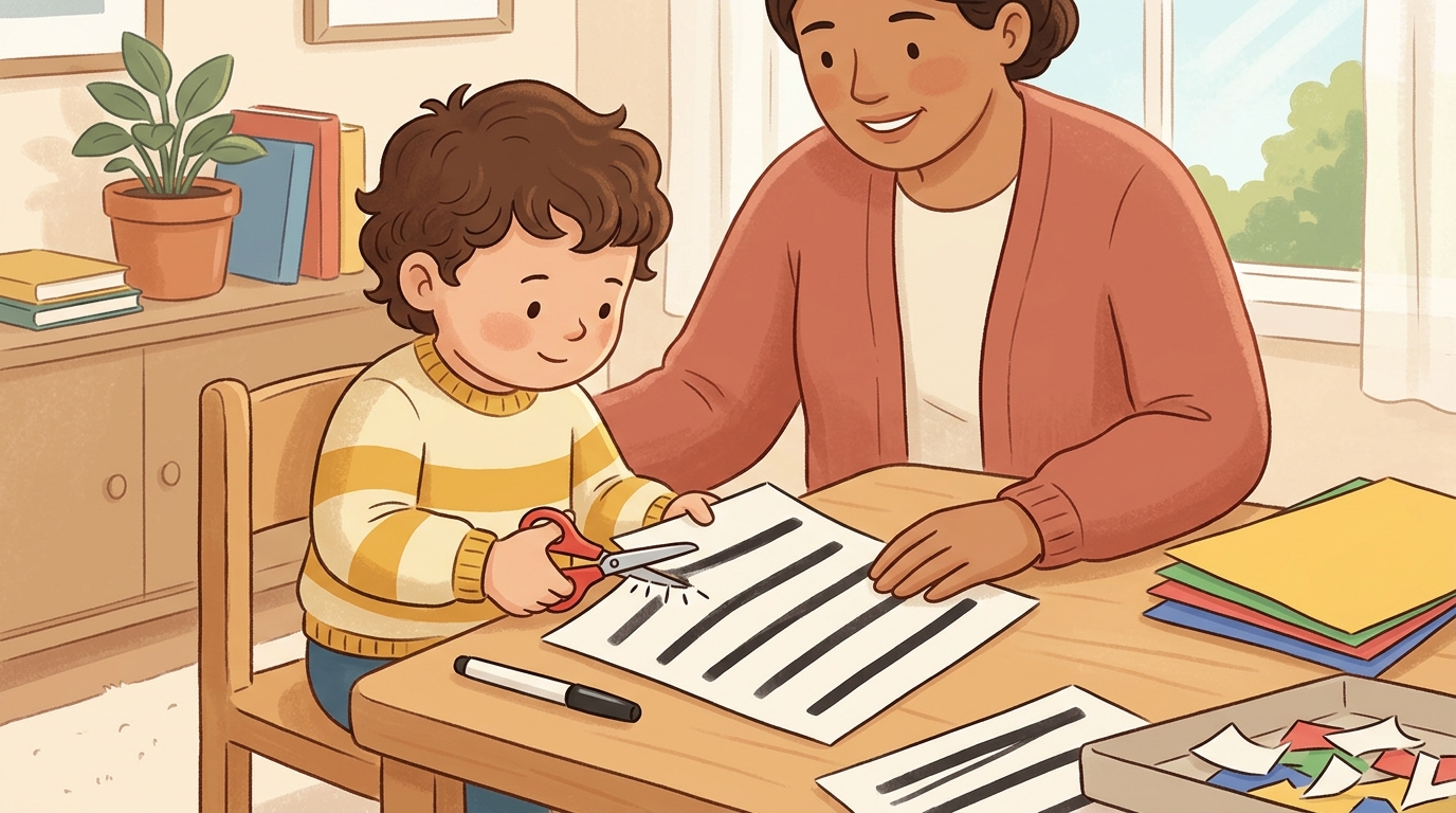 Cartoon illustration of a parent and child at home doing Guided Scissor Practice.