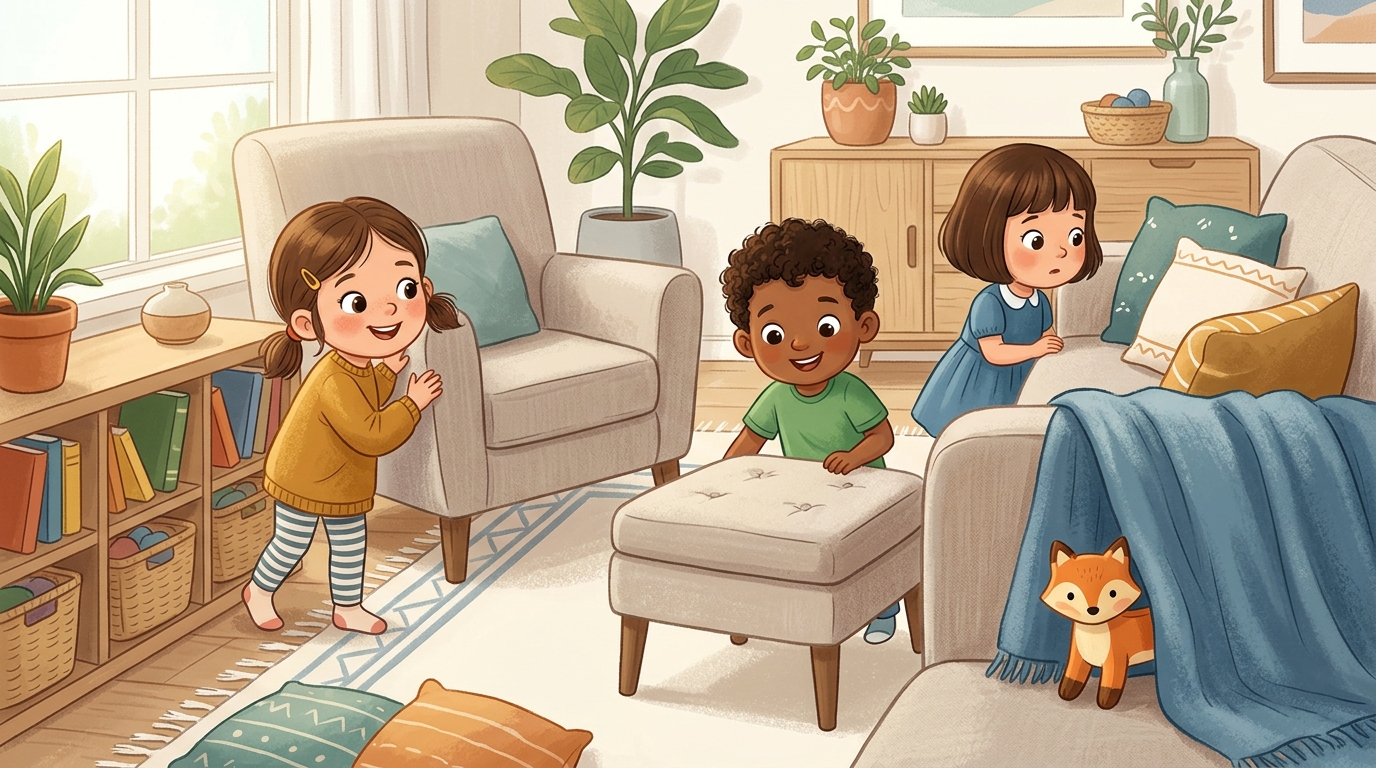 Cartoon illustration of a parent and child at home: one player hides a small object in the room and everyone hunts for it in turns.