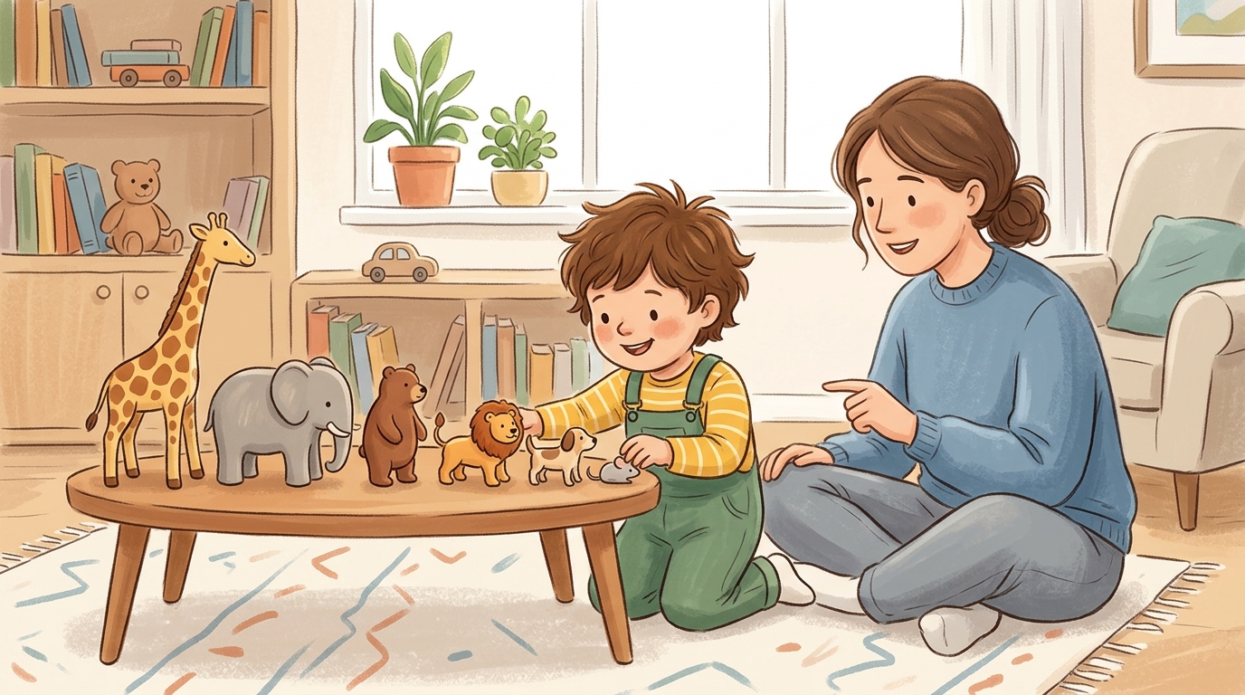 Cartoon illustration of a parent and child at home doing Biggest to Smallest Lineup.