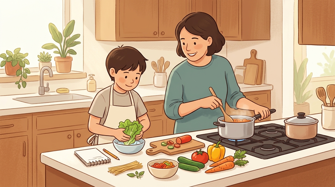 Cartoon illustration of a parent and child at home doing Cook for the Family Night.