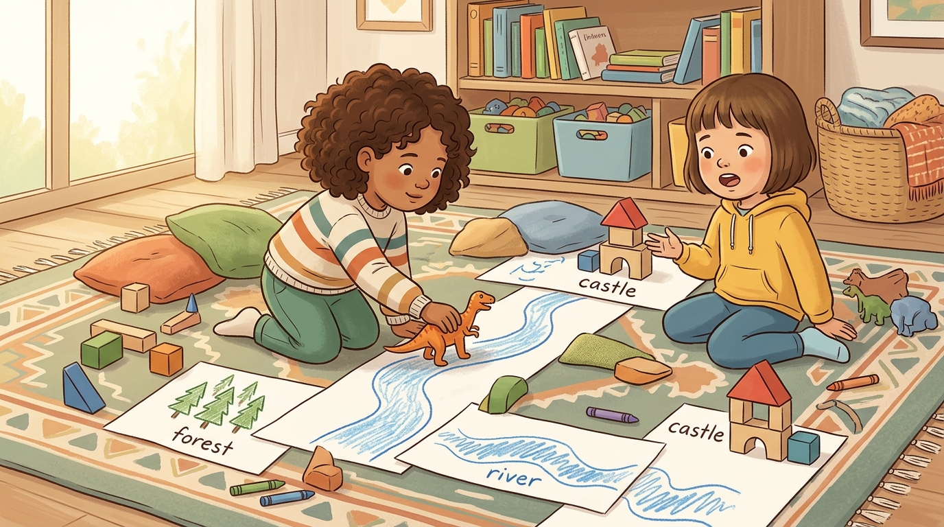 Cartoon illustration of a parent and child at home doing Story Map Build.