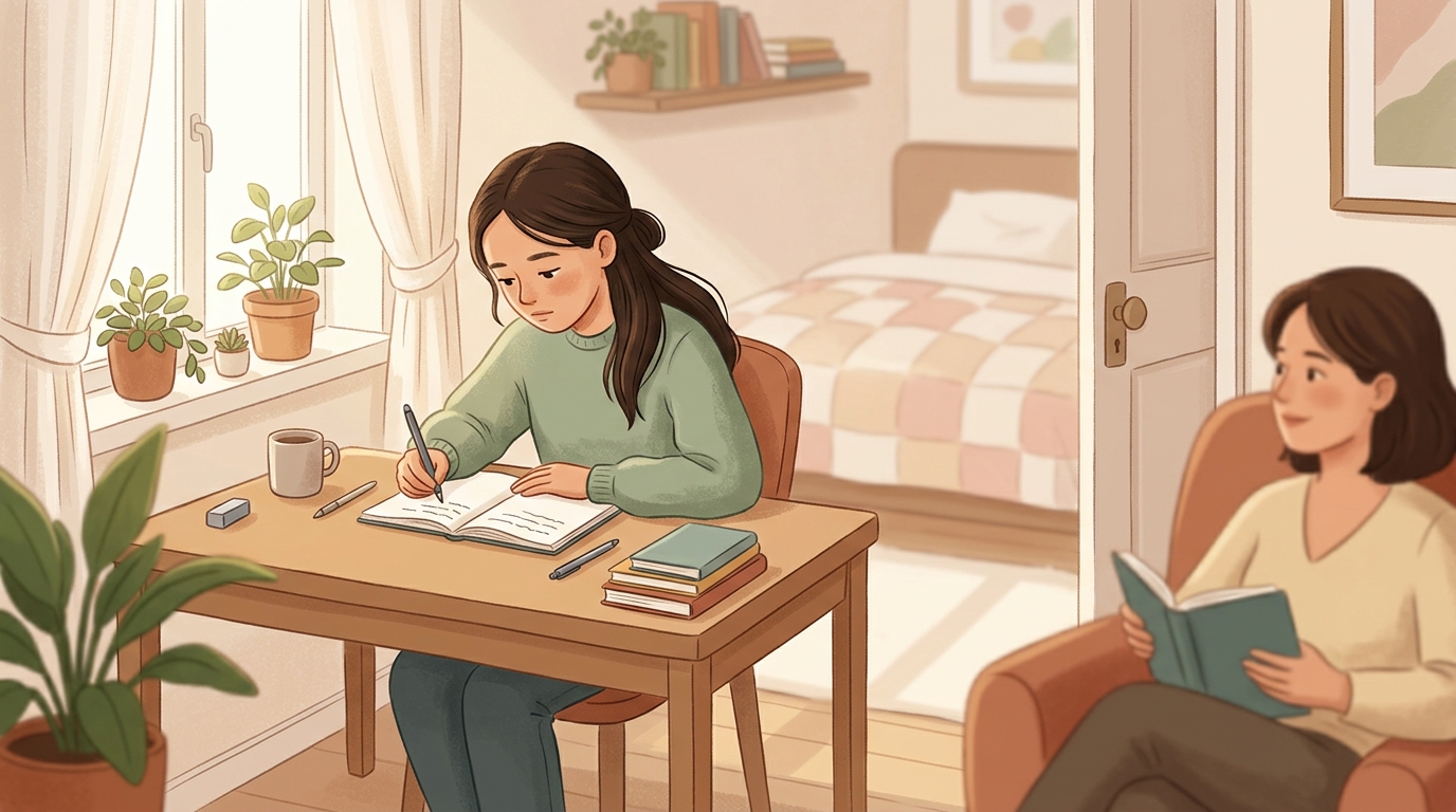 Cartoon illustration of a parent and child at home doing Conflict Letter Practice.