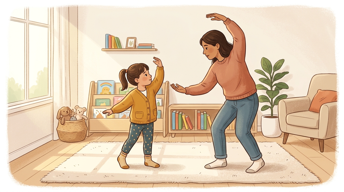 Cartoon illustration of a parent and child at home: one person leads slow deliberate movement and the other mirrors exactly.