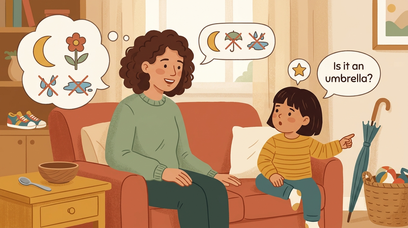 Cartoon illustration of a parent and child at home doing Explain Without The Word.