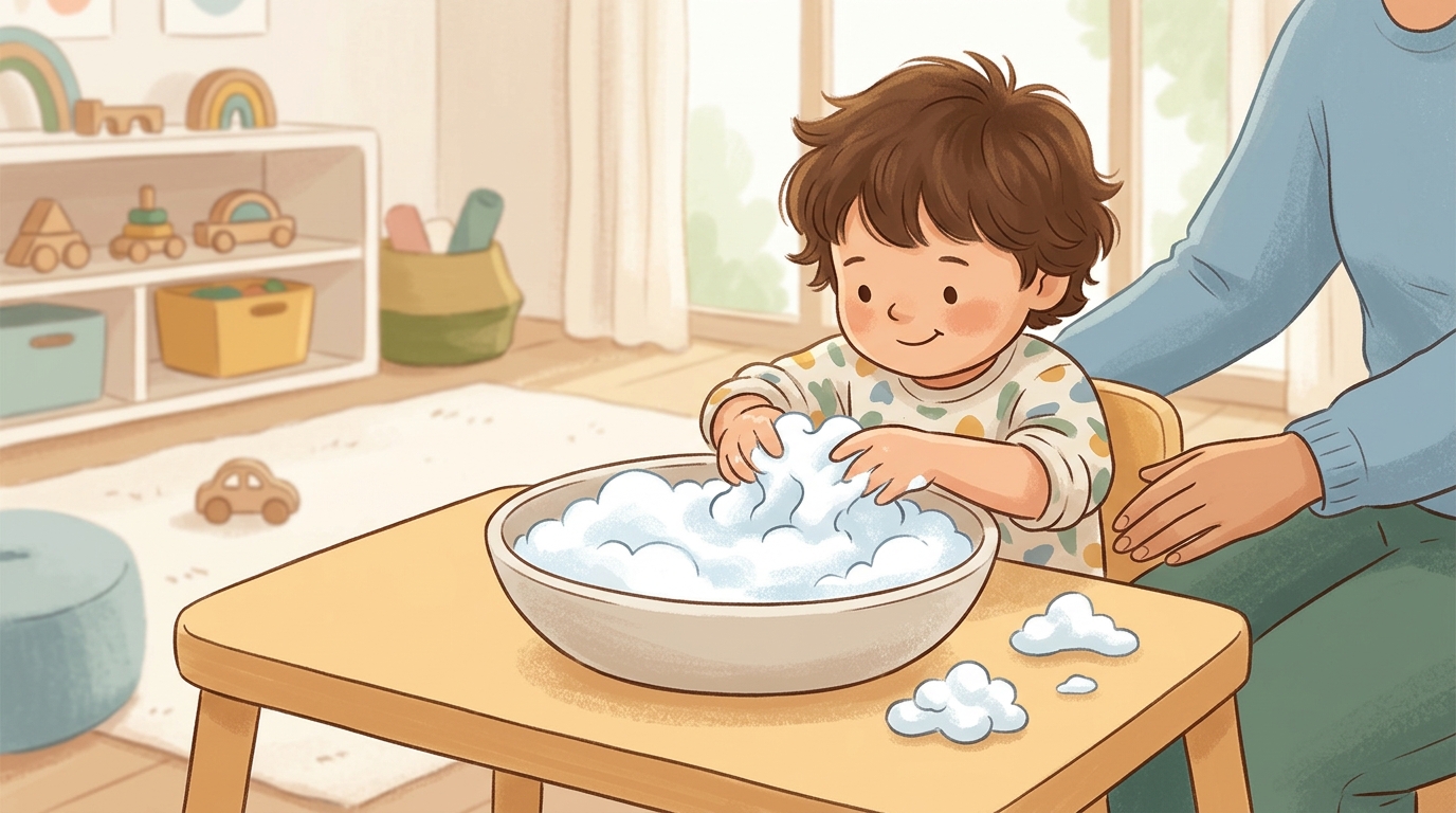 Cartoon illustration of a parent and child at home: whip dish soap into stiff foam in a bowl and let the child sculpt it freely.