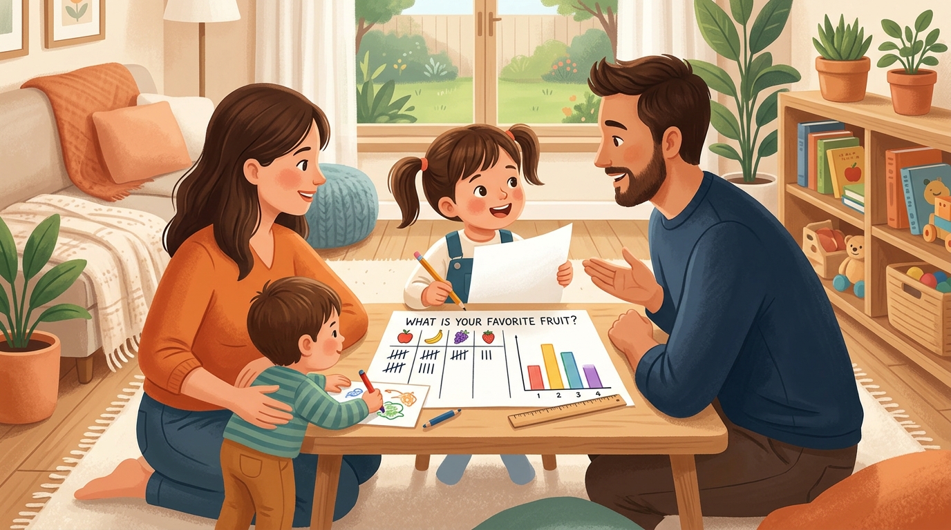 Cartoon illustration of a parent and child at home doing Family Data Survey.