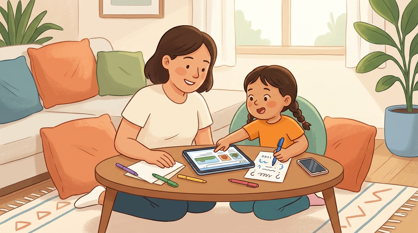 Cartoon illustration of a parent and child at home doing True or Bluff Claim Game.