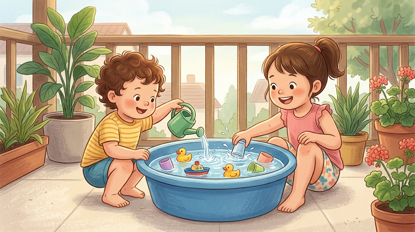 Cartoon illustration of a parent and child at home doing Balcony Water Play.