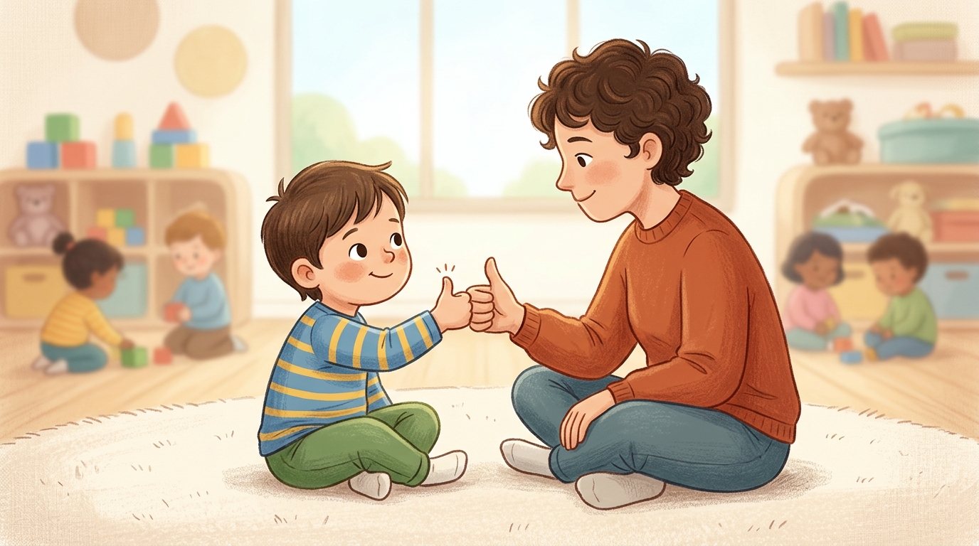 Cartoon illustration of a parent and child at home: structured best-of-3 thumb war with a different rule variation each round.