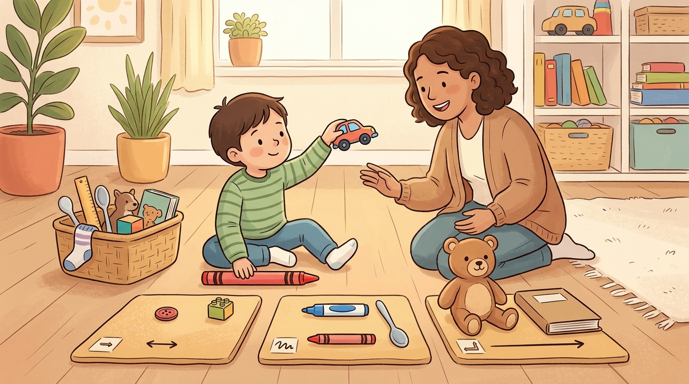 Cartoon illustration of a parent and child at home doing Measure It Hunt.