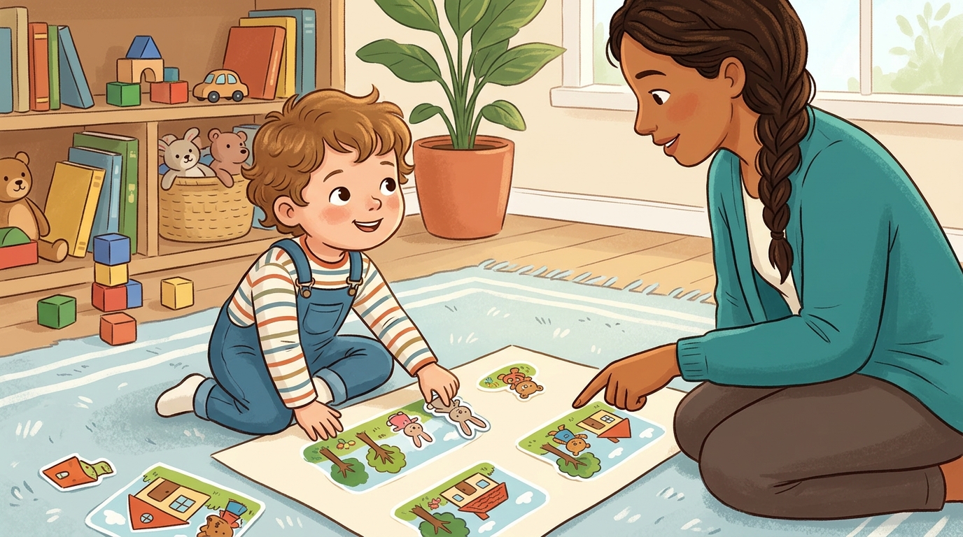 Cartoon illustration of a parent and child at home doing Sticker Story Scenes.