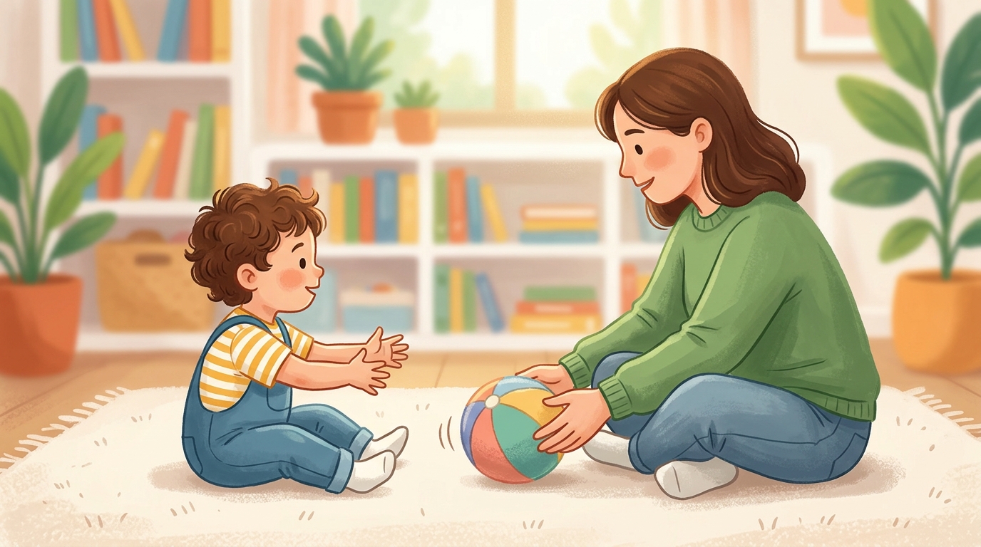 Cartoon illustration of a parent and child at home doing Ball Roll.