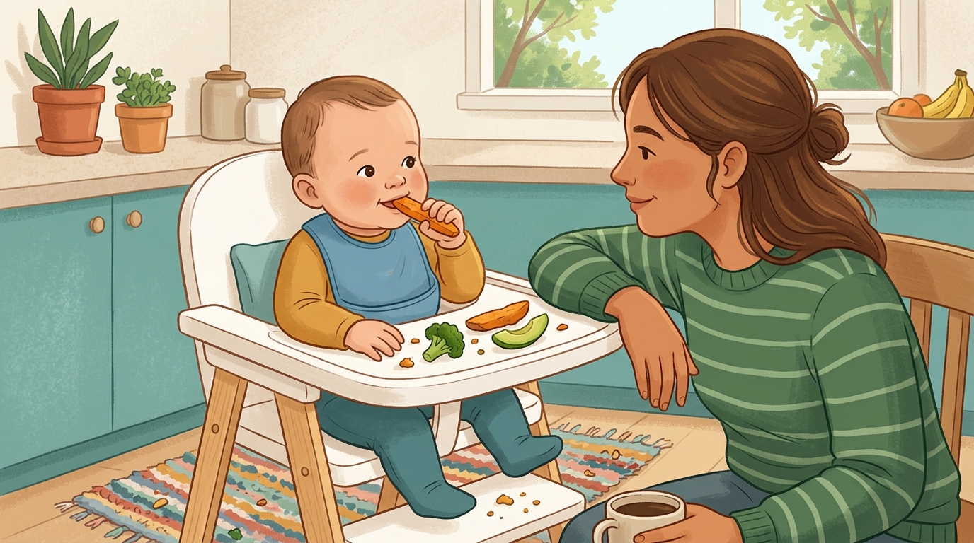 Cartoon illustration of a parent and child at home doing First Self-Feeding Grasp.