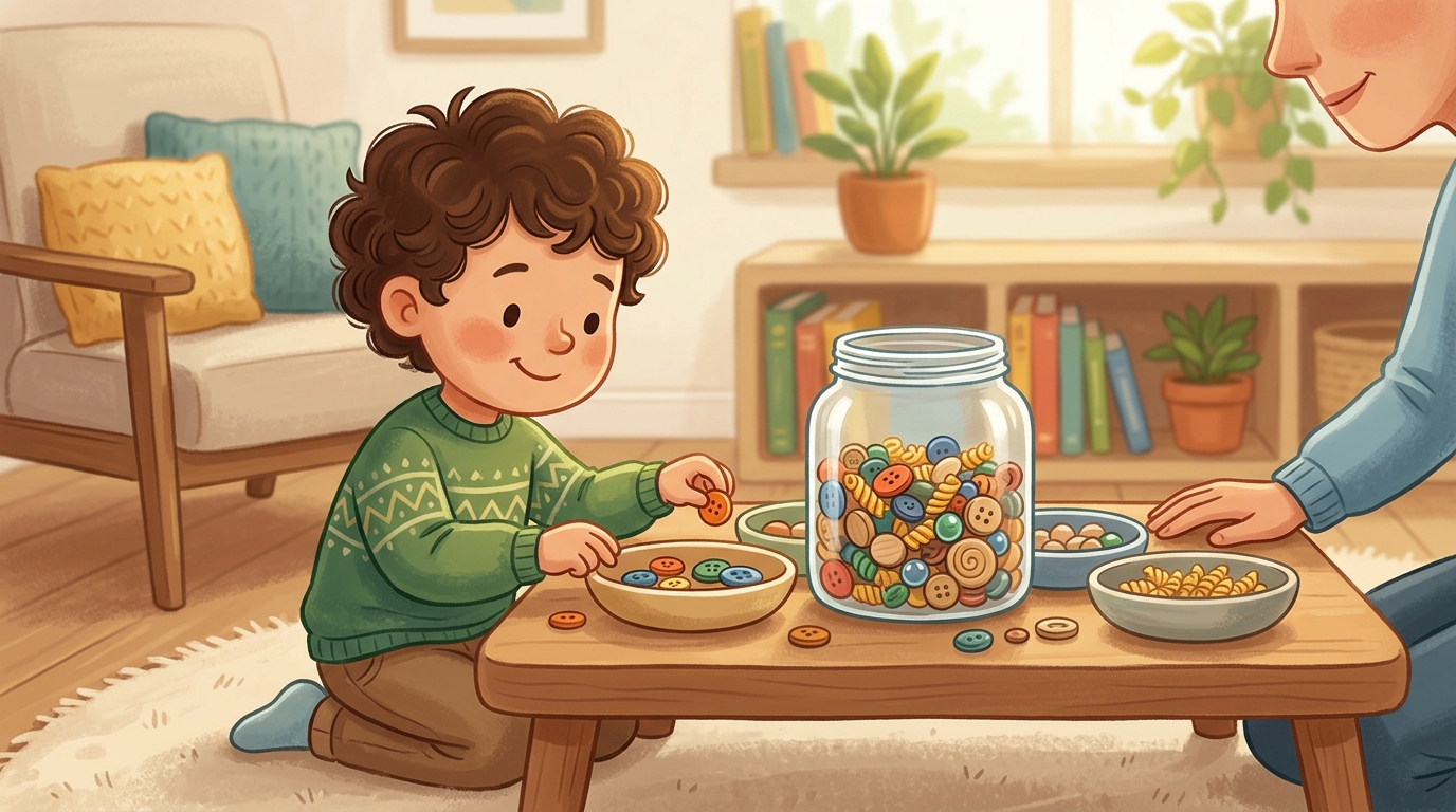 Cartoon illustration of a parent and child at home doing Counting Jar.