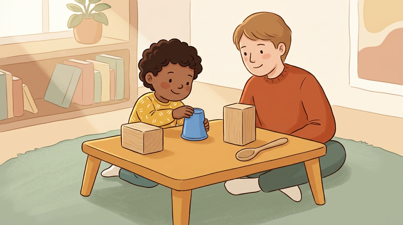Cartoon illustration of a parent and child at home doing Three Object Balance.