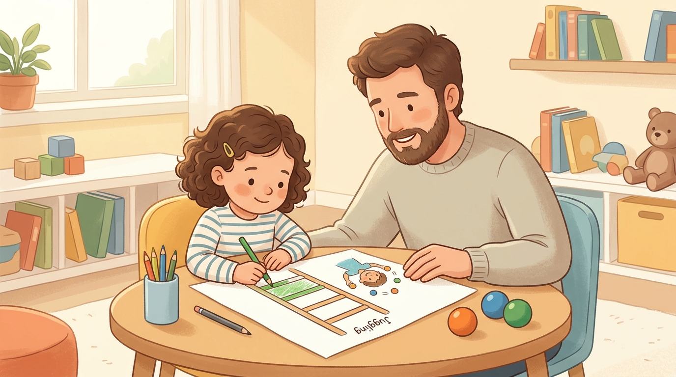 Cartoon illustration of a parent and child at home doing Skill Goal Ladder.