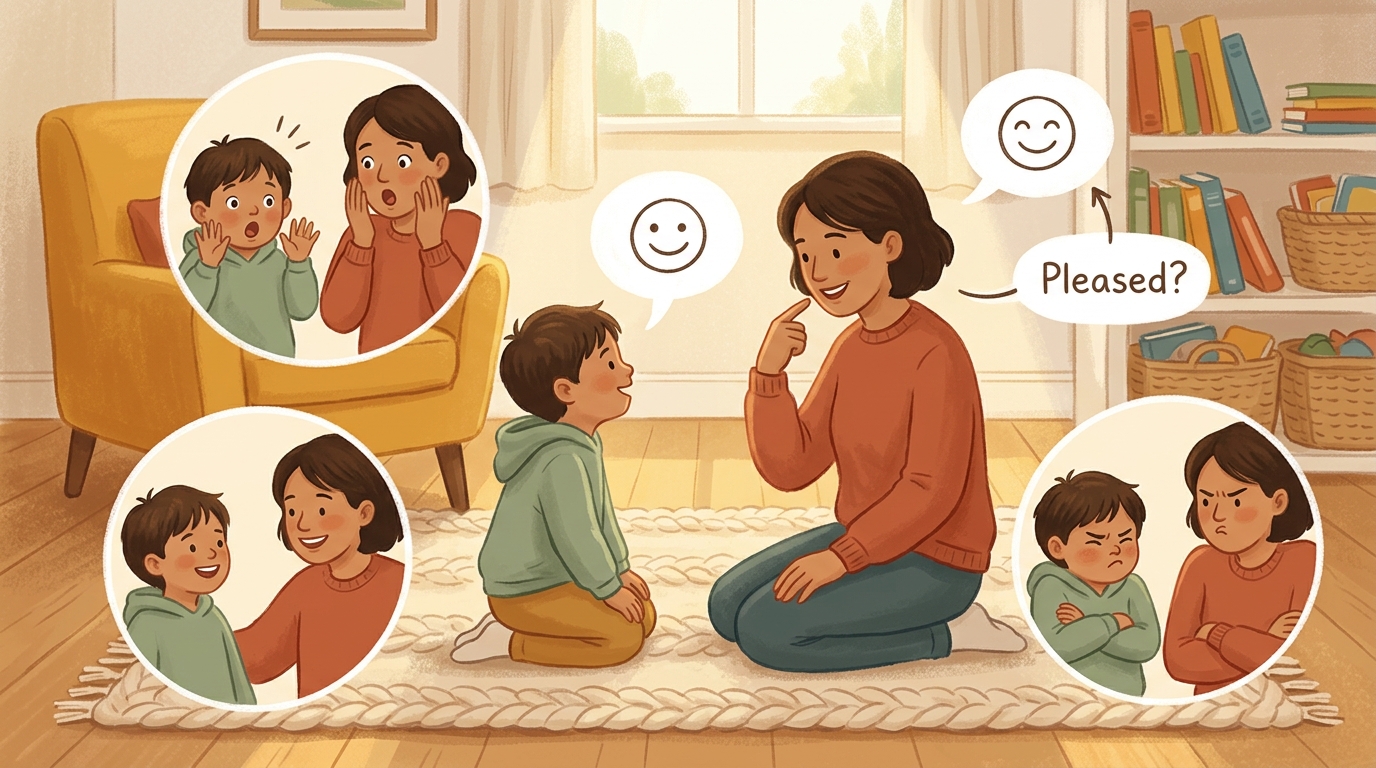 Cartoon illustration of a parent and child at home doing Copy My Stage Face.